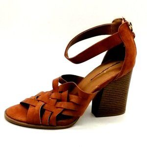 Qupid‎ Women Block High Heel Ankle Strap Sandal Heel Zipper Cushion Brown Sz 8.5